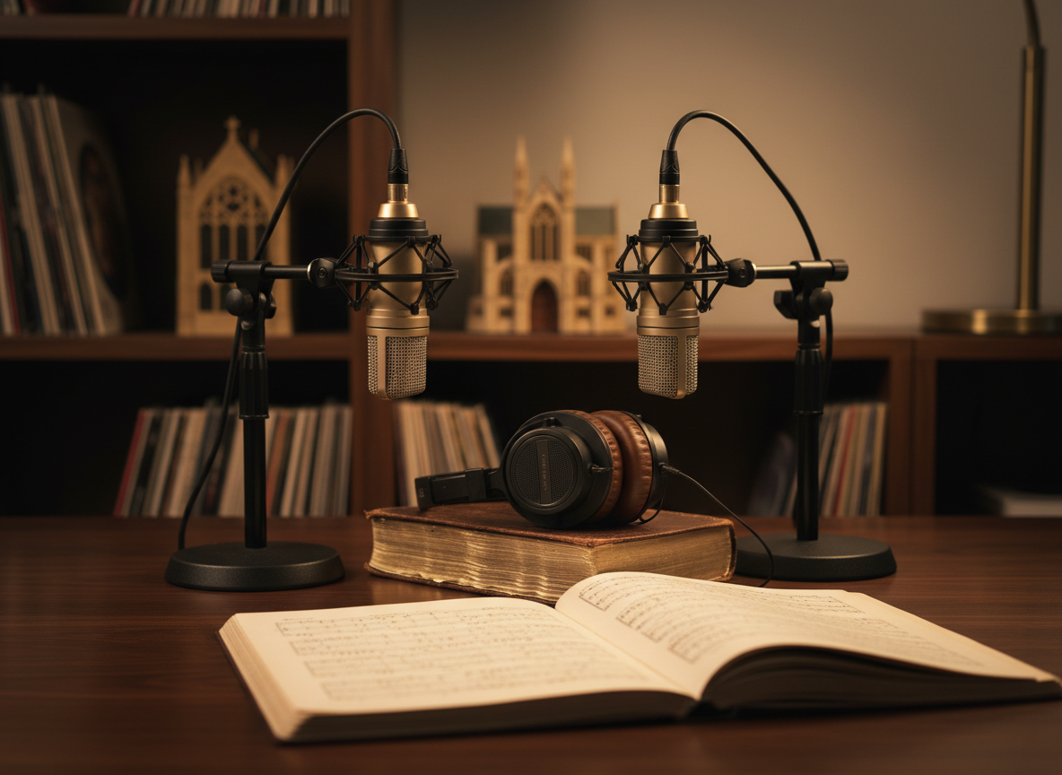 A polished wooden studio desk arranged for a music podcast, featuring two elegant vintage-style condenser microphones on black shock mounts facing each other across a dark walnut surface. Between them sits a pair of over-ear studio headphones with soft leather ear cups resting on a worn leather-bound hymnal and an open orchestral score. In the background, softly blurred shelves hold classical vinyl records and a small model of a gothic-inspired university chapel. Warm, directional lamp light pools across the desk, creating gentle highlights on the metal mic grilles. Photographic realism, eye-level composition with shallow depth of field, sophisticated and contemplative mood, perfect for a podcast show description or main hero image.