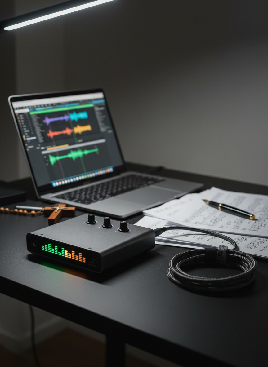 A close-up, photographic view of a high-end digital audio interface on a matte black desk, its tiny LED meters glowing green and amber beside a coiled braided cable and a neatly stacked set of annotated score pages. A slim laptop displays a spectral audio editing timeline, softly blurred in the background. Beside it lies a small, carved wooden rosary cross and a fountain pen with dark blue ink staining the nib. Cool, focused desk lamp lighting creates crisp reflections on brushed metal surfaces, with the rest of the room fading into soft shadows. Shot from a slightly elevated angle with a refined, minimalist composition, conveying intelligent craftsmanship and the behind-the-scenes work of episode production and editing.
