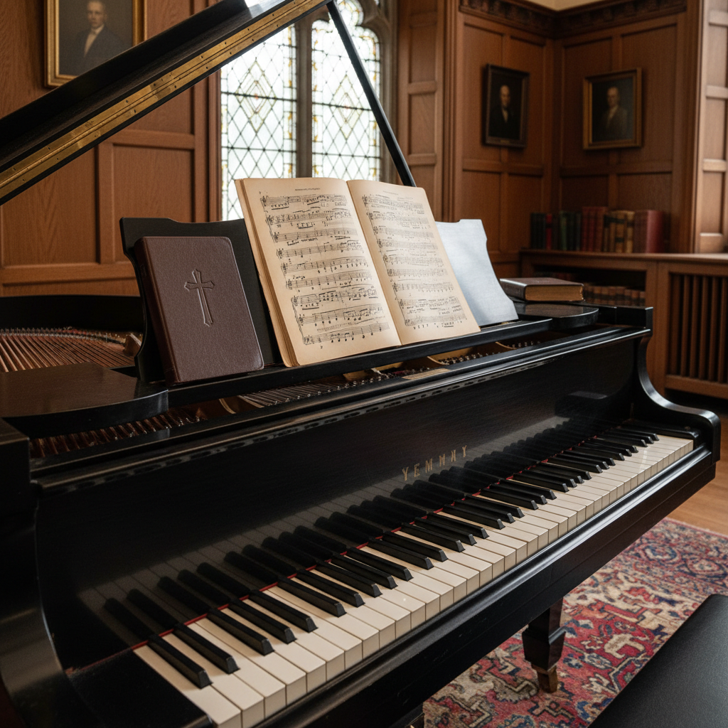 A dignified, photographic scene of a grand piano in a quiet, wood-paneled room, its polished ebony lid half-open to reveal gleaming strings and hammers. On the music stand rests a well-worn orchestral score, flanked by a slim, leather-bound devotional book. Behind the piano, out of focus, a large leaded-glass window suggests collegiate Gothic architecture reminiscent of an academic chapel, with soft, overcast daylight diffusing through. The camera is positioned at a low three-quarter angle along the keyboard, emphasizing depth and the graceful curve of the instrument. The atmosphere is reverent and scholarly, capturing the intersection of performance, musicology, and faith that defines the podcast’s personality.