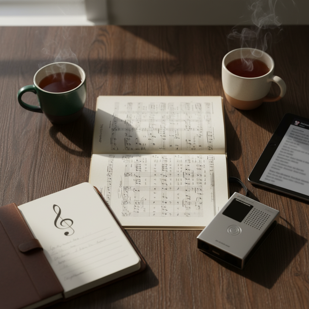 An overhead, photographic shot of a dark oak table laid out with the elements of a music, faith, and life podcast episode: an open choral score annotated in neat pencil, a small portable recorder, and two elegantly designed ceramic mugs half-filled with tea, subtle steam rising. A leather notebook lies open with a simple treble clef sketched at the top of the page, while a tablet shows a blurred list of episode titles. Soft afternoon window light falls diagonally across the scene, creating a calm interplay of light and shadow. The mood is reflective and intellectual yet inviting, ideal for visually representing show notes, transcripts, or episode archives.